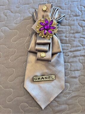 Elegant Gray Satin Hair Scarf with Purple Crystal Floral Brooch